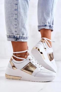 New Damskie buty S.Barski Damskie Skórzane Buty Sportowe Na Koturnie Białe Larson