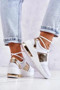 New Damskie buty S.Barski Damskie Skórzane Buty Sportowe Na Koturnie Białe Larson