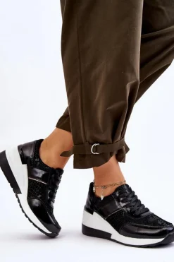 Damskie Damskie buty S.Barski Damskie Skórzane Buty Sportowe Na Koturnie Czarne Crosby