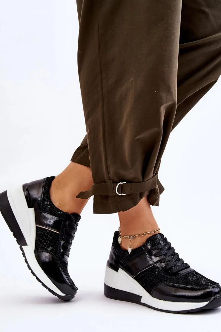 Damskie Damskie buty S.Barski Damskie Skórzane Buty Sportowe Na Koturnie Czarne Crosby