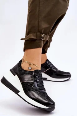 Damskie Damskie buty S.Barski Damskie Skórzane Buty Sportowe Na Koturnie Czarne Crosby