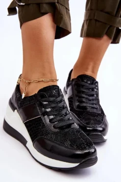 Damskie Damskie buty S.Barski Damskie Skórzane Buty Sportowe Na Koturnie Czarne Crosby