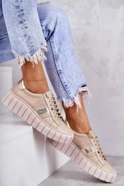 Boto Buty Sportowe Na Platformie*Damskie Skórzane Buty Sportowe Wiązane Beżowo-Złote Ariva