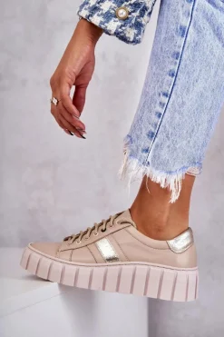 Boto Buty Sportowe Na Platformie*Damskie Skórzane Buty Sportowe Wiązane Beżowo-Złote Ariva