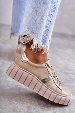 Boto Buty Sportowe Na Platformie*Damskie Skórzane Buty Sportowe Wiązane Beżowo-Złote Ariva