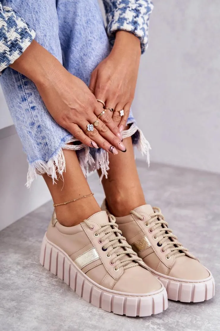 Boto Buty Sportowe Na Platformie*Damskie Skórzane Buty Sportowe Wiązane Beżowo-Złote Ariva