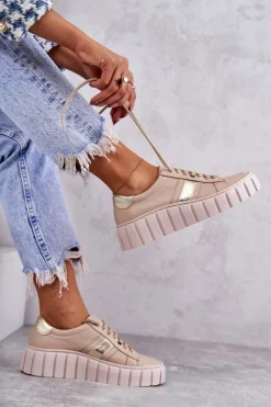 Boto Buty Sportowe Na Platformie*Damskie Skórzane Buty Sportowe Wiązane Beżowo-Złote Ariva