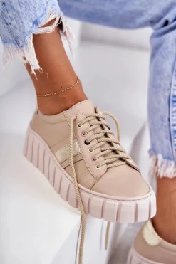 Boto Buty Sportowe Na Platformie*Damskie Skórzane Buty Sportowe Wiązane Beżowo-Złote Ariva