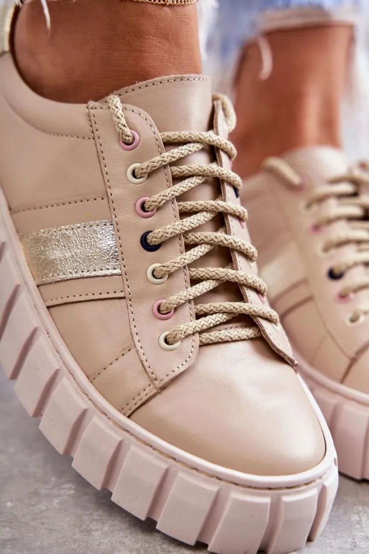 Boto Buty Sportowe Na Platformie*Damskie Skórzane Buty Sportowe Wiązane Beżowo-Złote Ariva