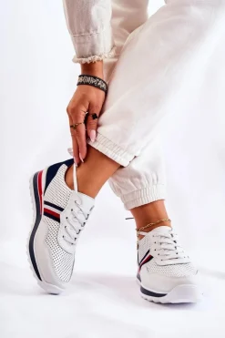 Damskie Evento Damskie Skórzane Buty Sportowe Biało-Granatowe Jane