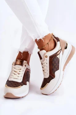 Boto Sneakersy Damskie*Damskie Skórzane Buty Sportowe Na Koturnie Biało-Brązowe Catrine