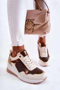 Boto Sneakersy Damskie*Damskie Skórzane Buty Sportowe Na Koturnie Biało-Brązowe Catrine