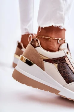 Boto Sneakersy Damskie*Damskie Skórzane Buty Sportowe Na Koturnie Biało-Brązowe Catrine