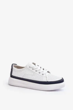 New Buty Sergio Leone Damskie Skórzane Buty Sportowe Sneakersy Biało-Granatowe Failla