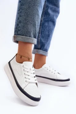 New Buty Sergio Leone Damskie Skórzane Buty Sportowe Sneakersy Biało-Granatowe Failla