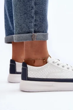 New Buty Sergio Leone Damskie Skórzane Buty Sportowe Sneakersy Biało-Granatowe Failla