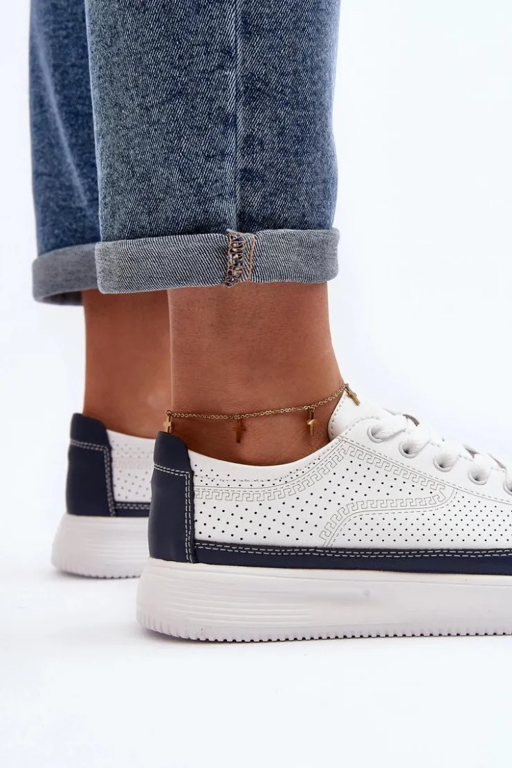 New Buty Sergio Leone Damskie Skórzane Buty Sportowe Sneakersy Biało-Granatowe Failla