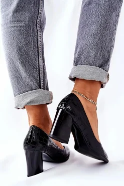 Damskie buty S.Barski Czółenka Na Słupku*Damskie Skórzane Czółenka Czarne Chay