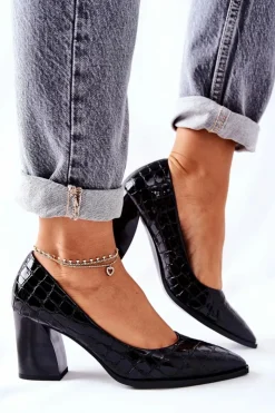 Damskie buty S.Barski Czółenka Na Słupku*Damskie Skórzane Czółenka Czarne Chay