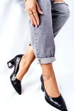 Damskie buty S.Barski Czółenka Na Słupku*Damskie Skórzane Czółenka Czarne Chay