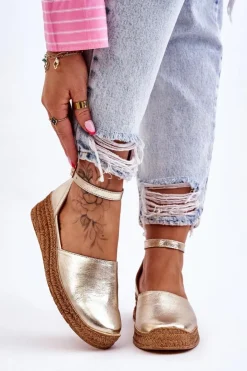 Boto Sandały Na Koturnie*Damskie Skórzane Espadryle Sandały Złote Moise