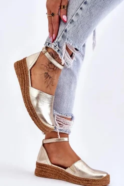 Boto Sandały Na Koturnie*Damskie Skórzane Espadryle Sandały Złote Moise