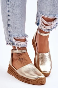 Boto Sandały Na Koturnie*Damskie Skórzane Espadryle Sandały Złote Moise