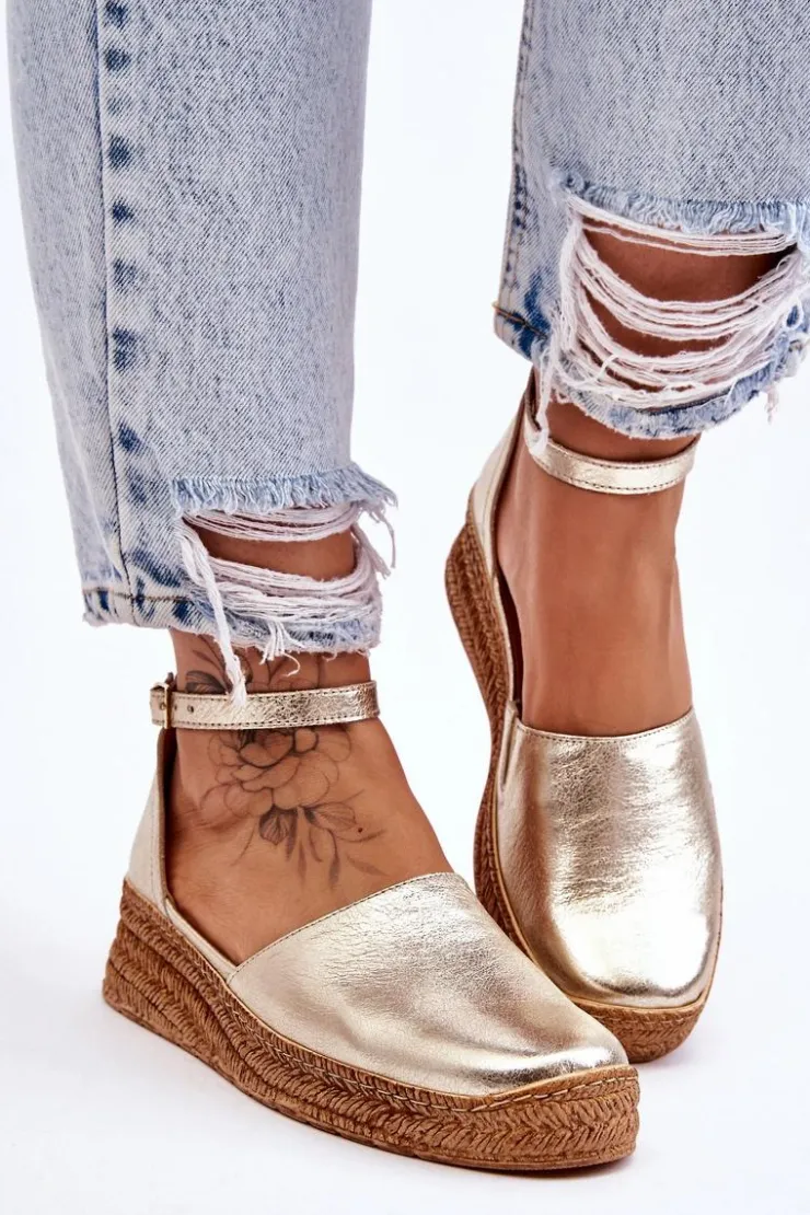 Boto Sandały Na Koturnie*Damskie Skórzane Espadryle Sandały Złote Moise