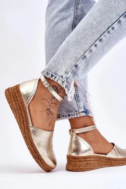 Boto Sandały Na Koturnie*Damskie Skórzane Espadryle Sandały Złote Moise