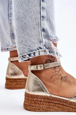 Boto Sandały Na Koturnie*Damskie Skórzane Espadryle Sandały Złote Moise