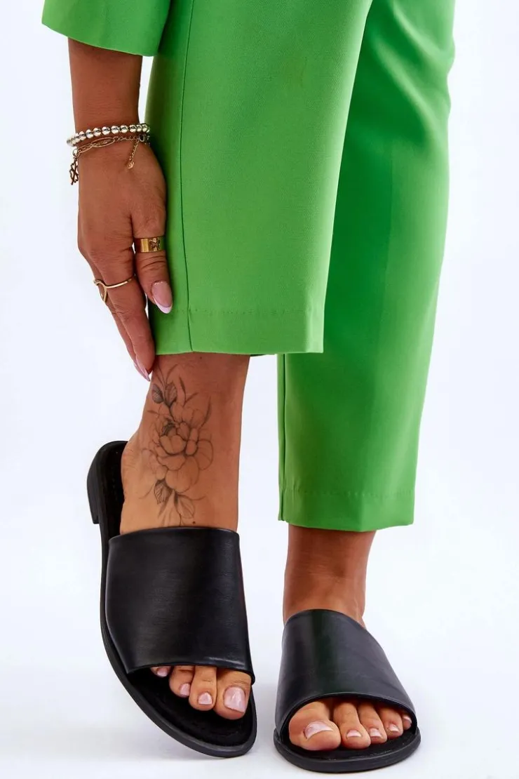 Damskie Evento Damskie Skórzane Gładkie Klapki Czarne Cerise