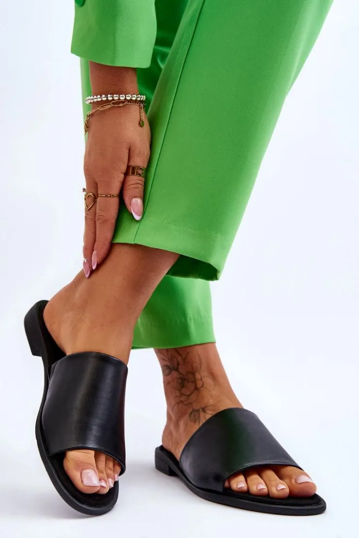 Damskie Evento Damskie Skórzane Gładkie Klapki Czarne Cerise