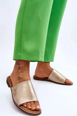 Evento Klapki Damskie Klasyczne*Damskie Skórzane Gładkie Klapki Złote Cerise