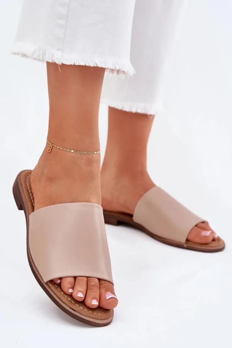 Damskie Evento Damskie Skórzane Gładkie Klapki Beżowe Cerise