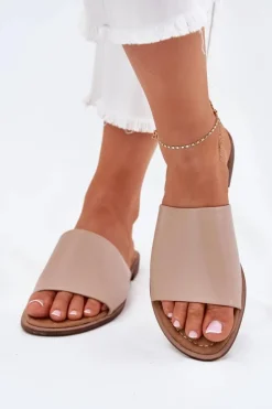 Damskie Evento Damskie Skórzane Gładkie Klapki Beżowe Cerise