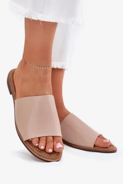 Damskie Evento Damskie Skórzane Gładkie Klapki Beżowe Cerise