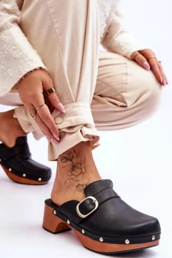 Damskie Boto Damskie Skórzane Klapki Chodaki Czarne Fanett