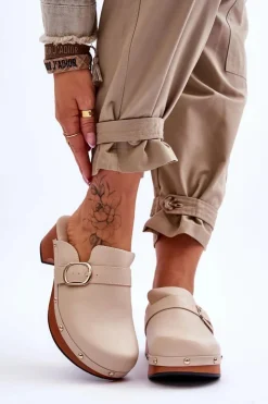 Boto Klapki Damskie Klasyczne*Damskie Skórzane Klapki Chodaki Beżowe Fanett