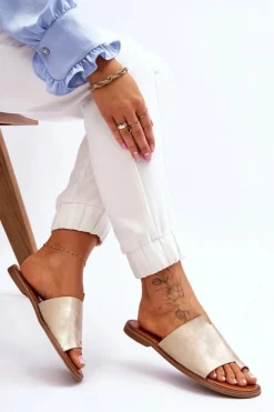 Sale Evento Damskie Skórzane Klapki Japonki Jasnozłote Amite Złoty