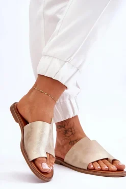 Sale Evento Damskie Skórzane Klapki Japonki Jasnozłote Amite Złoty