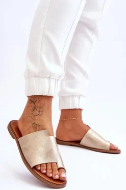 Sale Evento Damskie Skórzane Klapki Japonki Jasnozłote Amite Złoty