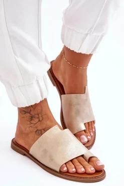 Sale Evento Damskie Skórzane Klapki Japonki Jasnozłote Amite Złoty