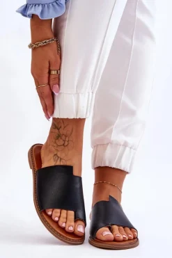 Damskie Evento Damskie Skórzane Klapki Japonki Czarne Amite