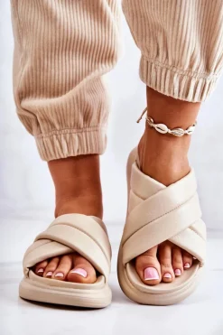 Boto Klapki Damskie Klasyczne*Damskie Skórzane Klapki La.Fi Beżowe Silla