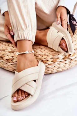 Boto Klapki Damskie Klasyczne*Damskie Skórzane Klapki La.Fi Beżowe Silla