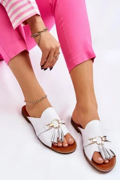 Damskie Boto Damskie Skórzane Klapki Lewski Shoes 3226 Białe