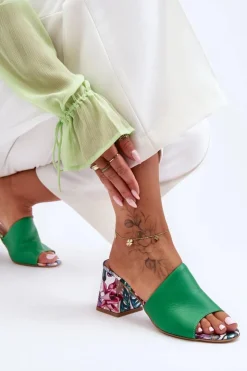 Sale Boto Damskie Skórzane Klapki Na Obcasie Lewski Shoes 3209/K Zielone