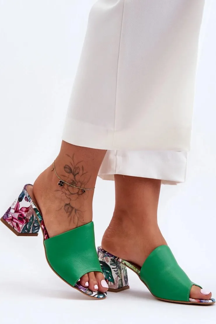 Sale Boto Damskie Skórzane Klapki Na Obcasie Lewski Shoes 3209/K Zielone