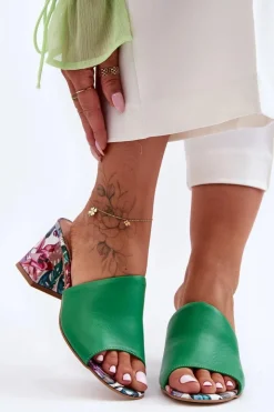 Sale Boto Damskie Skórzane Klapki Na Obcasie Lewski Shoes 3209/K Zielone