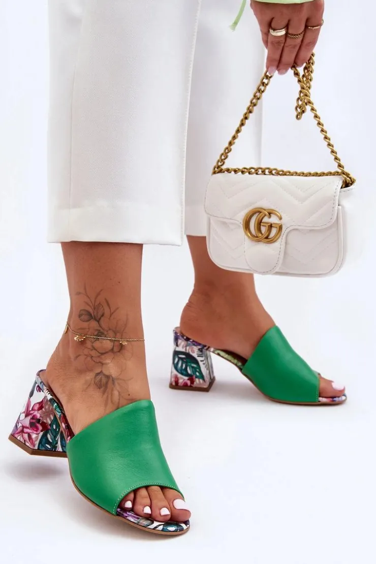 Sale Boto Damskie Skórzane Klapki Na Obcasie Lewski Shoes 3209/K Zielone